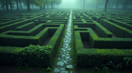 Naklejka premium The Labyrinth's Call: A winding stone path leads through a mist-shrouded hedge maze, inviting exploration and a sense of mystery. The intricate design evokes a feeling of challenge and intrigue, while