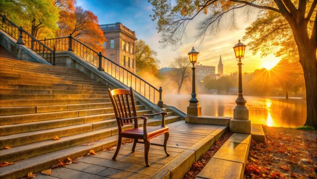 historic autumn morning misty Cambridge streetscape Windsor Chair-adorned Widener Library steps warm golden light mist rolling off Charles River