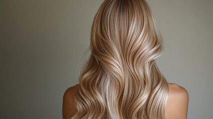 Fototapeta premium Back view of a woman with long, voluminous blonde hair, showcasing silky smooth texture