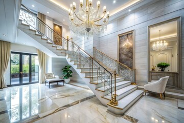 sumptuous modern minimalist opulent white marble grand staircase designer chandelier morning natural light dramatic shadows lavish furniture stylish interior decorating elegant luxury residence