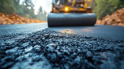 Closeup of a road roller machine laying fresh asphalt