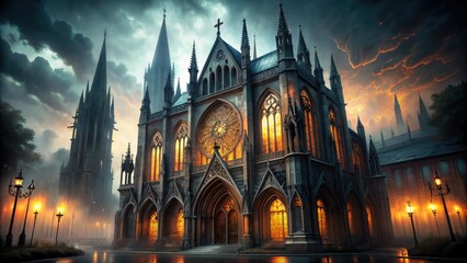 Fototapeta premium dramatic ecclesiastical architecture gothic vault cathedral stained glass windows eerie low-key lighting mysterious foggy atmosphere ancient mysterious cryptic macabre solitude