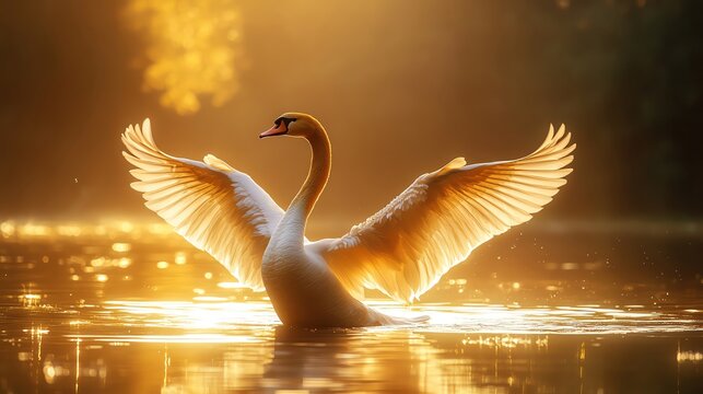 Golden swan spreading wings, minimalistic background, elegant pose, soft lighting