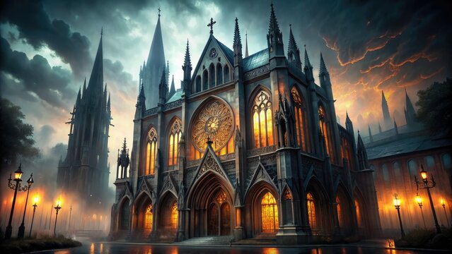 dramatic ecclesiastical architecture gothic vault cathedral stained glass windows eerie low-key lighting mysterious foggy atmosphere ancient mysterious cryptic macabre solitude