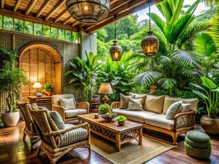 Obraz premium luxe tropical oasis retreat lavish exotic wooden accents vintage rattan furniture lush green plants natural textiles warm sunny bright airy interior design