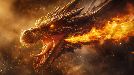 intense close-up of a dragon's head as it roars, with vibrant fire emerging from its mouth 