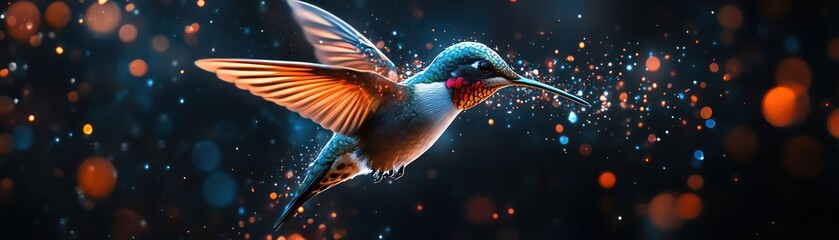 Obraz premium Vibrant hummingbird in midflight, colorful particle effects, dark moody background