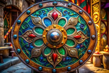 Fototapeta premium ancient mythical metallic shield wearable prop fantasy mystical heroic dramatic bright vibrant colorful