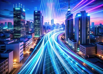 Obraz premium neon data streams pulsing through fiber optic cables futuristic abstract city