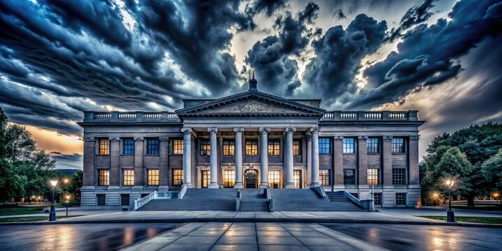 mysterious nightfall dramatic stormy cloudscape Harvard's iconic Widener Library imposing stone fa&ccedil;ade cinematic storytelling cinematic cool-toned monochrome