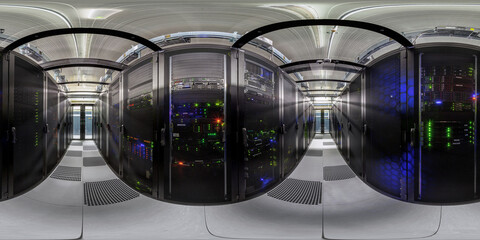 Network servers in a data center. Tier III carrier neutral data center. Server rooms.. 360 degrees panorama	