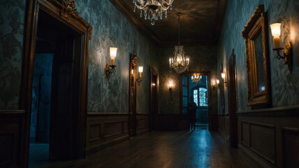 Fototapeta premium A dimly lit hallway inside a haunted house, with spooky portraits on the walls, cobwebs in the corners, and a flickering chandelier overhead, as a group of visitors cautiously walks through.
