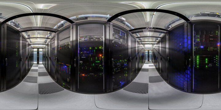 Network servers in a data center. Tier III carrier neutral data center. Server rooms.. 360 degrees panorama	