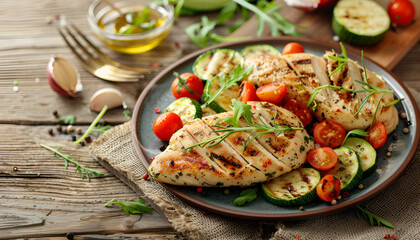 Salad of chicken breast with zucchini and cherry tomatoes