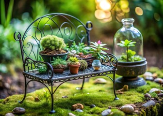 dainty delicate scene with tiny terrariums and miniature plants perched on a petite ornate iron bench in a whimsical fairy garden