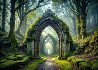 ancient mysterious forest gothic vault entrance overgrown with moss eerie misty atmosphere mysterious hidden world secrets whispers in the dark