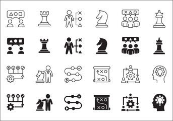 Business strategy, management, setup, research and plan icon set. Contains icons or symbol of businessman, team, discussion, meeting, setting, chess knight, bishop, rook. Flat thin line graphic design