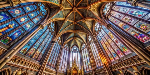 gorgeous intricate gothic vault ceiling ornate stone carvings dramatic stained glass windows lavish chapel mysterious ambiance ancient mysterious relics