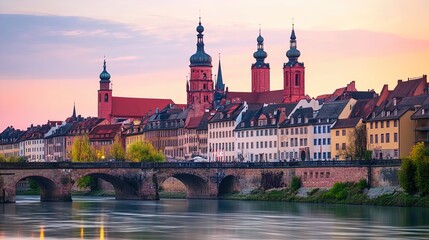 Fototapeta premium The image features a picturesque view of a European cityscape at dusk. It showcases historic buildings with red and brown rooftops, ornate facades, and several prominent church towers adorned with dec