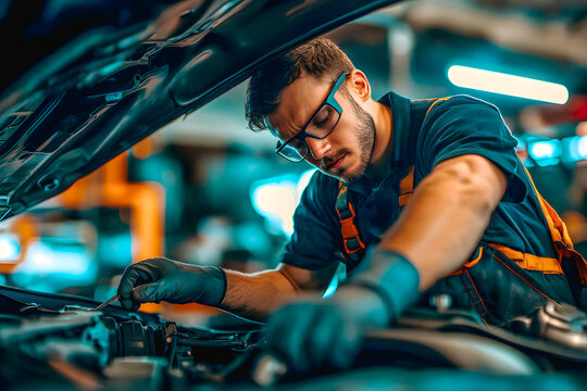 M&eacute;canicien en train de r&eacute;parer un moteur de v&eacute;hicule
