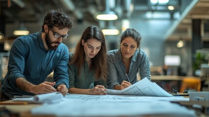 Architects in Sync: A team of focused architects huddle over blueprints in their industrial-chic office, collaborating on a new design.