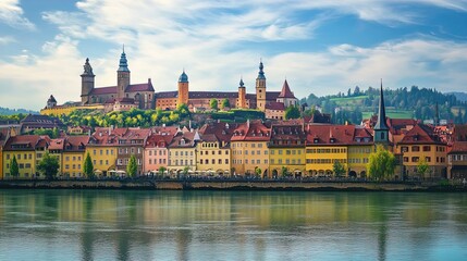 Obraz premium Vibrant and picturesque cityscape featuring a medieval town with colorful buildings along a riverbank. The architecture includes a mixture of quaint homes with red-tiled roofs, churches with spires, a