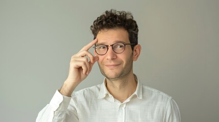 A cheerful person with glasses showing face expressions