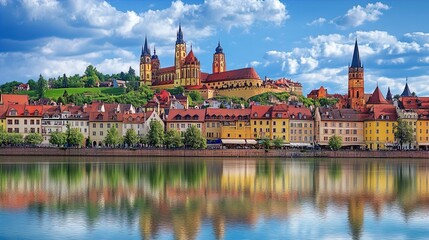 Obraz premium The image captures a picturesque European town set against a vibrant blue sky with scattered clouds. The town features colorful buildings with red-tiled roofs lining a waterfront. Prominent structures