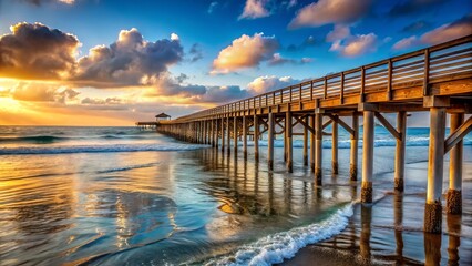 Fototapeta premium A weathered wood pier stretches majestically over the Pacific Ocean, its rusty railings reflecting the warm California sun.