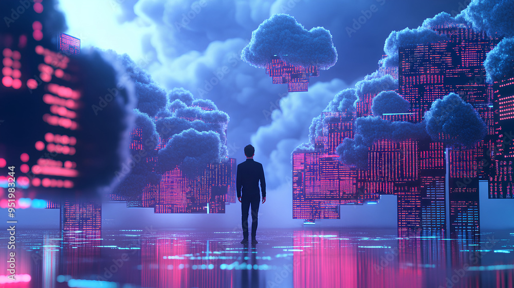 Poster big data and cloud computing set. 3d illustration of male guy qadir using remote servers to analyzin