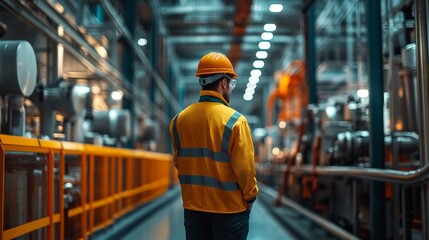 The Industrial Guardian: A lone worker in a bright yellow vest and hardhat stands amidst a maze of industrial machinery, a beacon of safety and expertise in the heart of a bustling factory.  