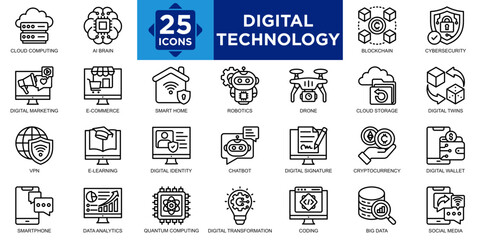 digital technology, futuristic, background, tech, network, business icon set. Outline icons collection. Simple vector illustration