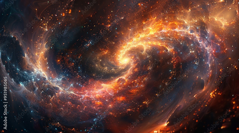 Poster abstract cosmic nebula with swirling fiery and glowing particles in space.