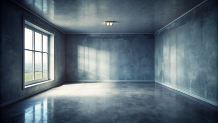 Fototapeta premium Photo image of a dimly lit empty room with a blurred sense of space, walls fading to a soft gray.