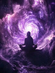Fototapeta premium Silhouette of a woman meditating in lotus pose against a vibrant cosmic background of stars and galaxies symbolizing spiritual growth new beautiful stock image illustration AI