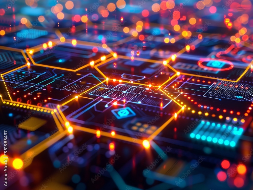 Poster abstract digital network with glowing lines and hexagons, representing technology, data flow, and co