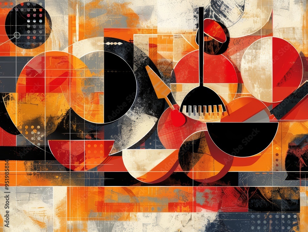 Poster abstract geometric art with bold colors and shapes, creating a dynamic and energetic composition.