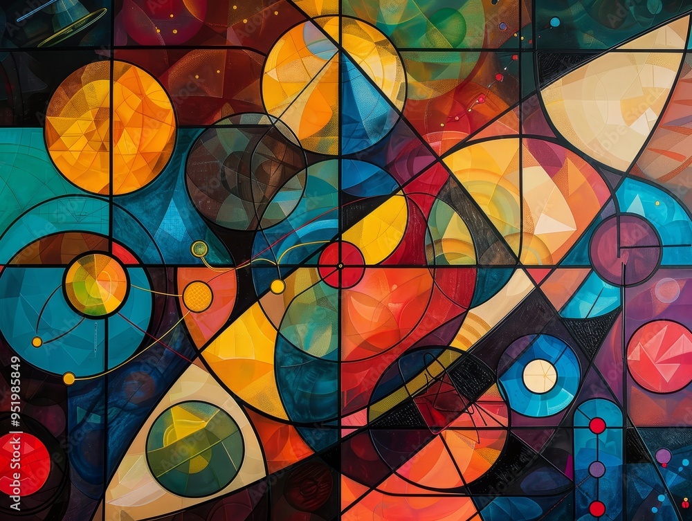 Aufkleber abstract geometric art with vibrant colors and overlapping circles and triangles.