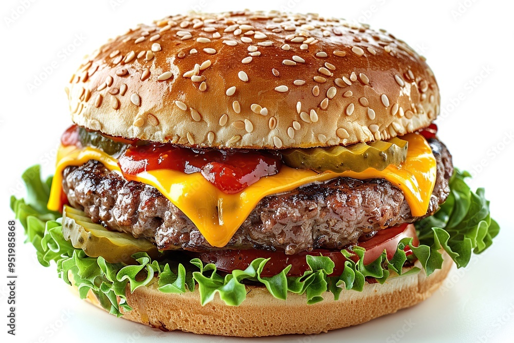 Poster Juicy Cheeseburger with Sesame Seed Bun