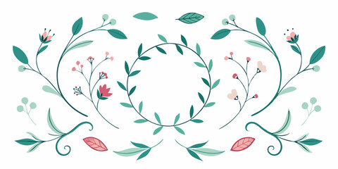 Set of elegant calligraphic botanical design elements, floral frame and graceful branches