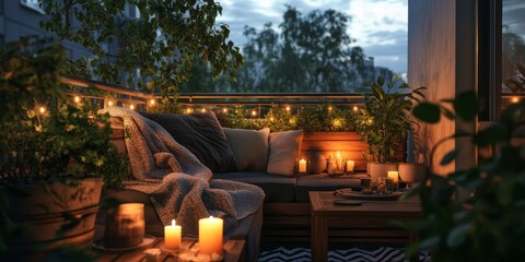 Fototapeta premium A serene evening on a balcony with plush seating, cozy blankets, and soft lighting from string lights and candles, surrounded by greenery.