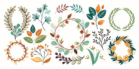 Set of elegant calligraphic botanical design elements, floral frame and graceful branches