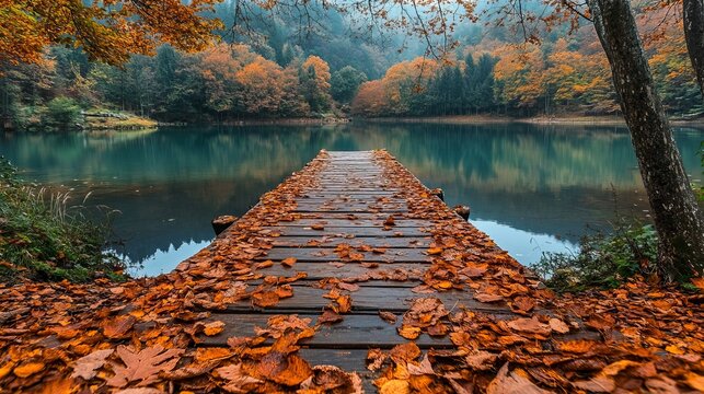 Autumn hues of fallen leaves adorn a forest floor in Yedigoller Park, Bolu, Turkey. A wooden pier extends over a serene lake, offering a picturesque view of the surrounding autumn landscape.