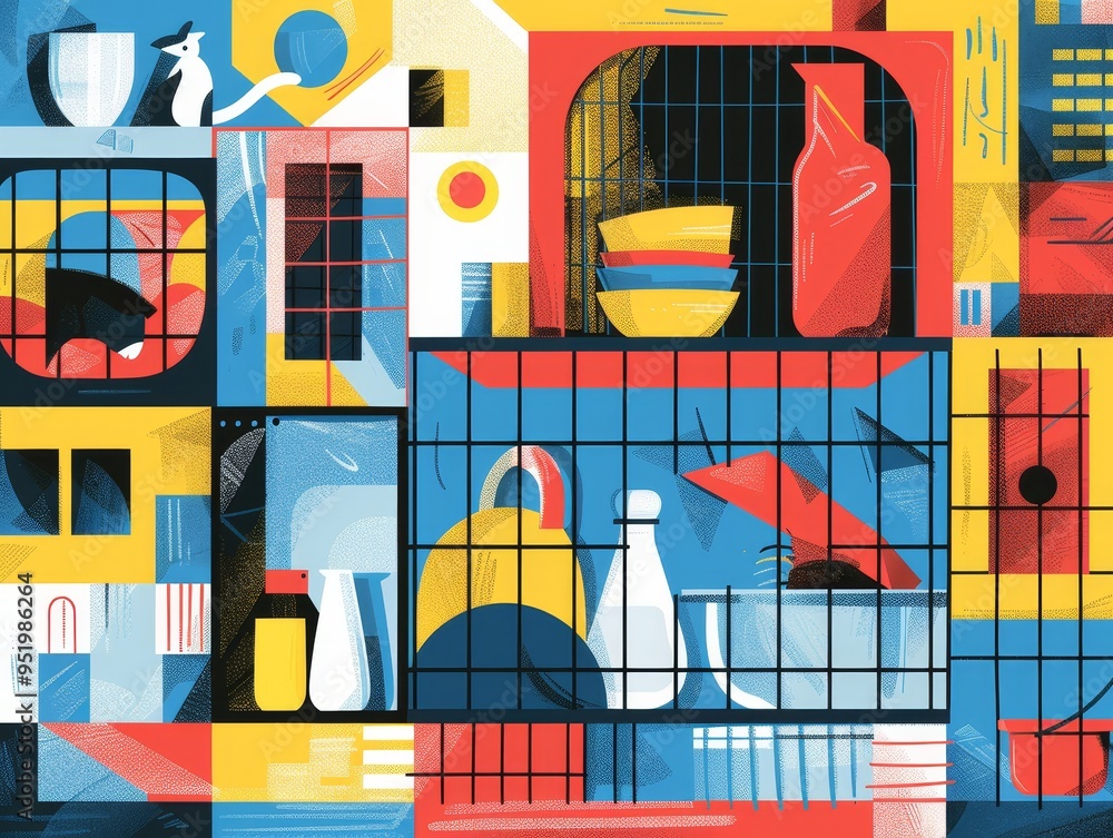 Poster Abstract geometric pattern with vibrant colors and various shapes, creating a playful and dynamic composition.