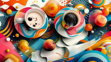 Obraz premium Abstract, colorful illustration of two cups of coffee on a swirling, psychedelic background.