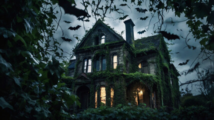 A haunted house exterior, with a weathered, gothic appearance, covered in overgrown ivy, cracked windows, and bats flying overhead as lightning strikes in the background.