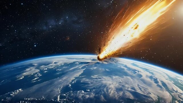A meteor colliding with Earth, creating a fiery impact in space.
