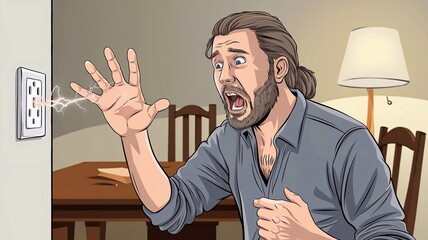 A hand near an electrical outlet causes an electric shock when touched due to safety violations. A man sticks his fingersinto an outlet and gets electrocuted out of stupidity and curiosityLess
