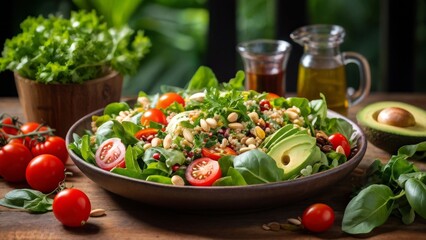 Vegetarian salad. Lettuce leaves with leafy greens, cherry tomatoes, avocado slices, quinoa, nuts and a light vinaigrette sauce served on a wooden table.