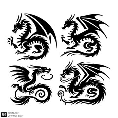 set of dragon graphic design black and white vector clip art silhouette